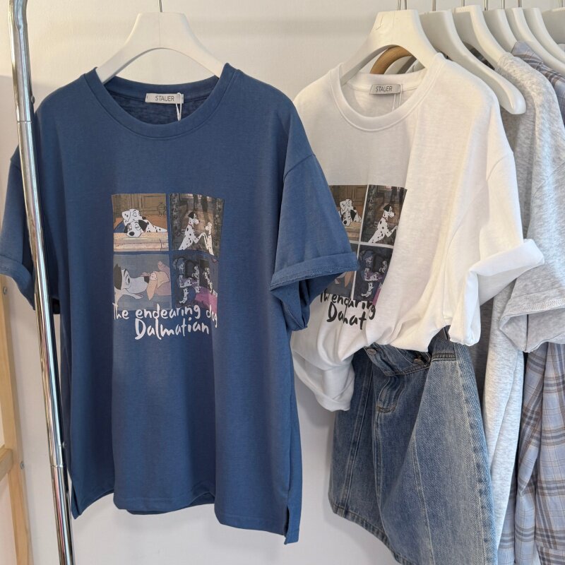 26春夏新款 韩系卡通小狗印花宽松休闲大版棉T 圆领短袖女士上衣