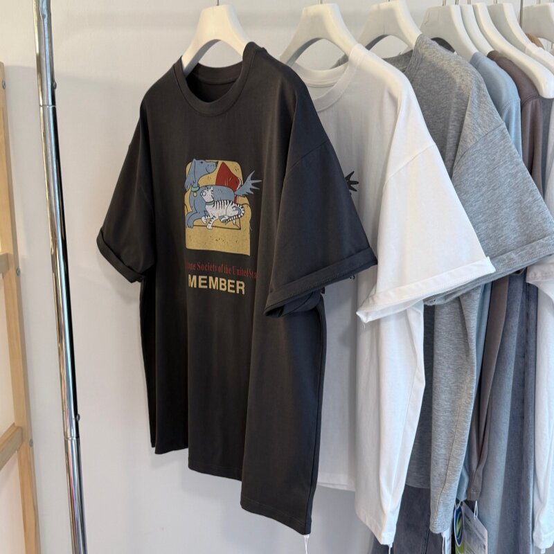 26夏新款 韩系卡通沙发小狗小猫印花 落肩袖宽松圆领大版女T 短袖