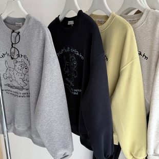 冬加绒刺绣小狗宽松韩系慵懒感圆领卫衣女 小个子短款上衣摇粒绒