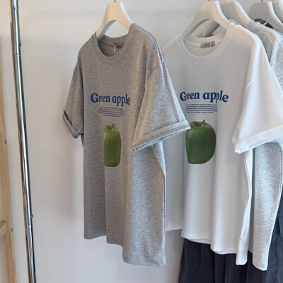 韩系字母青苹果印花圆领短袖女T