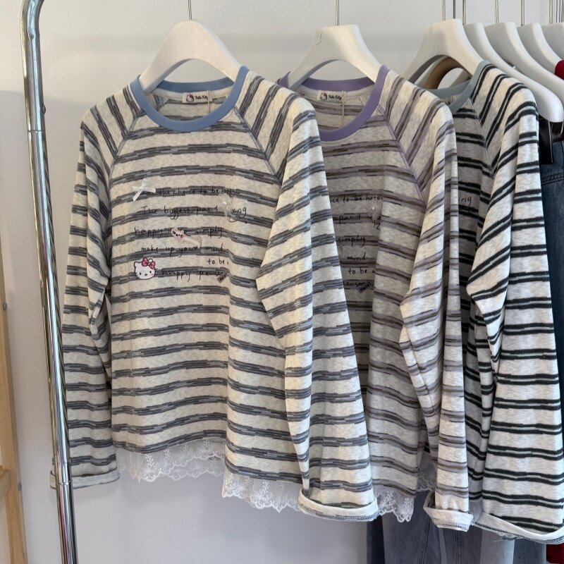 26春 插肩袖减龄卡通小猫字母印花 韩系打底衫 蕾丝边底边长袖女T