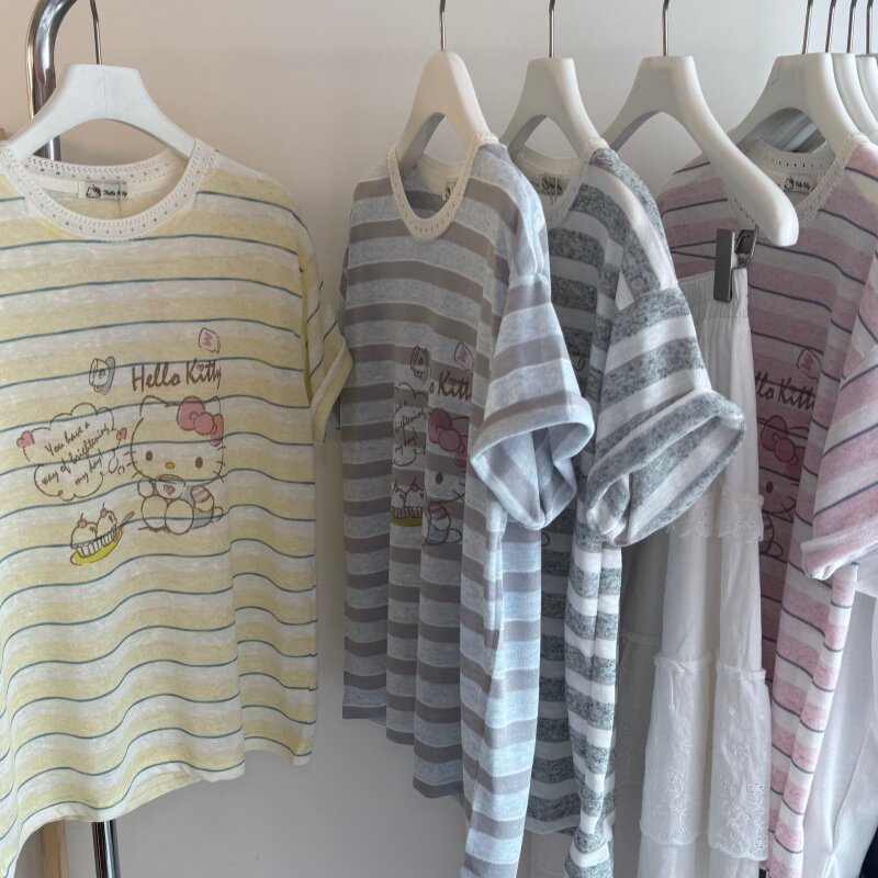 26夏 韩系气质蕾丝领 卡通小猫印花减龄宽松圆领短袖女T 条纹上衣