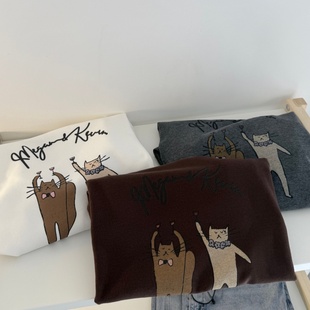 女T 打底衫 正肩上衣 圆领长袖 秋冬Baby绒磨毛棉韩系印花卡通小猫