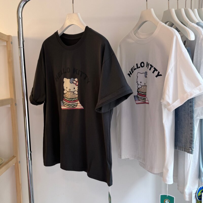 26春夏新 宽松韩系卡通印花小猫圆领短袖棉T 休闲百搭大版上衣女