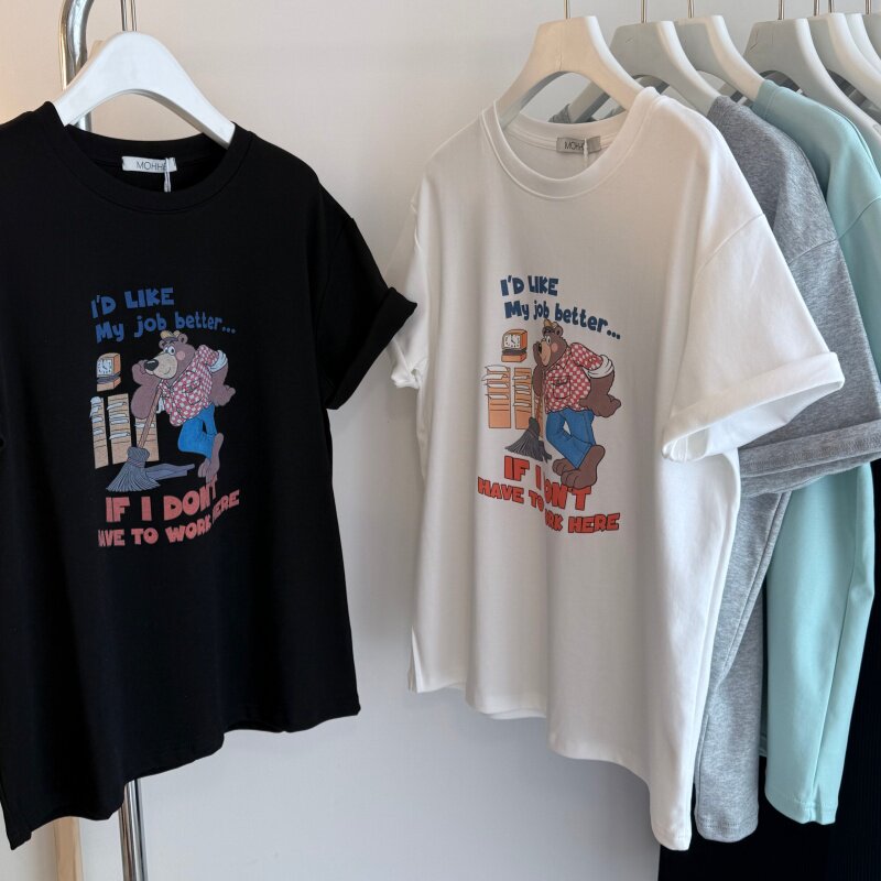 26夏 卡通格子大熊印花韩系水柔双面棉T女 宽松休闲圆领短袖上衣