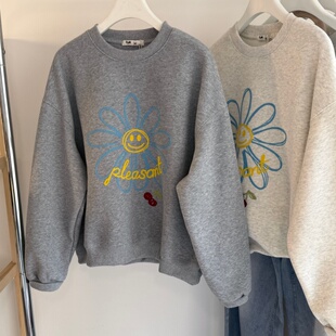 上衣 宽松慵懒感短款 26春新款 韩系治愈系太阳花刺绣圆领卫衣女