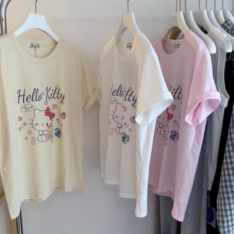 26夏季新 韩系卡通小猫印花正肩圆领短袖女T 雪花棉百搭上衣背心