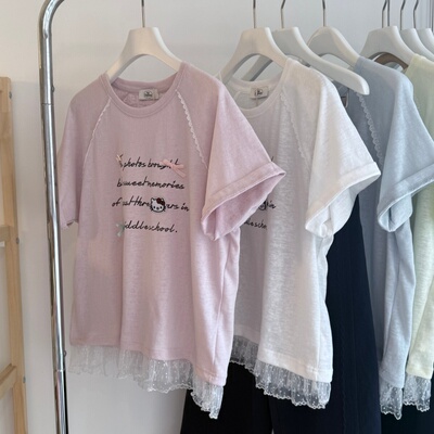 蕾丝底边拼接字母短袖女T