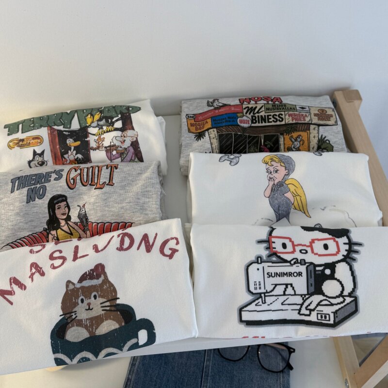 26夏 韩系卡通小猫印花正肩高弹圆领短袖女T 短款小版小个子上衣