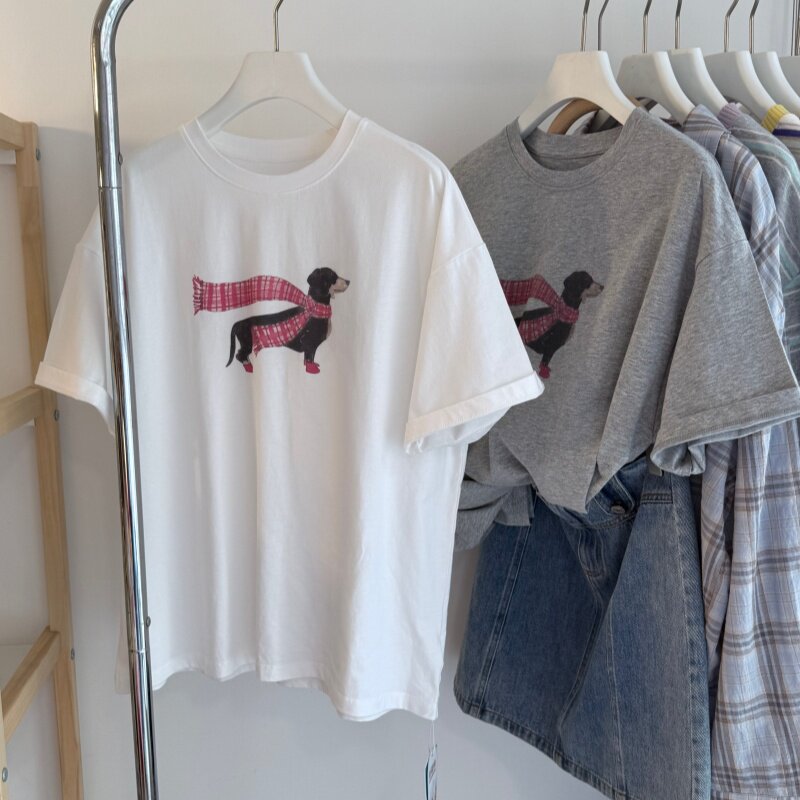 26夏 韩系卡通小狗印花圆领短袖女士棉T 宽松大版百搭上衣背心