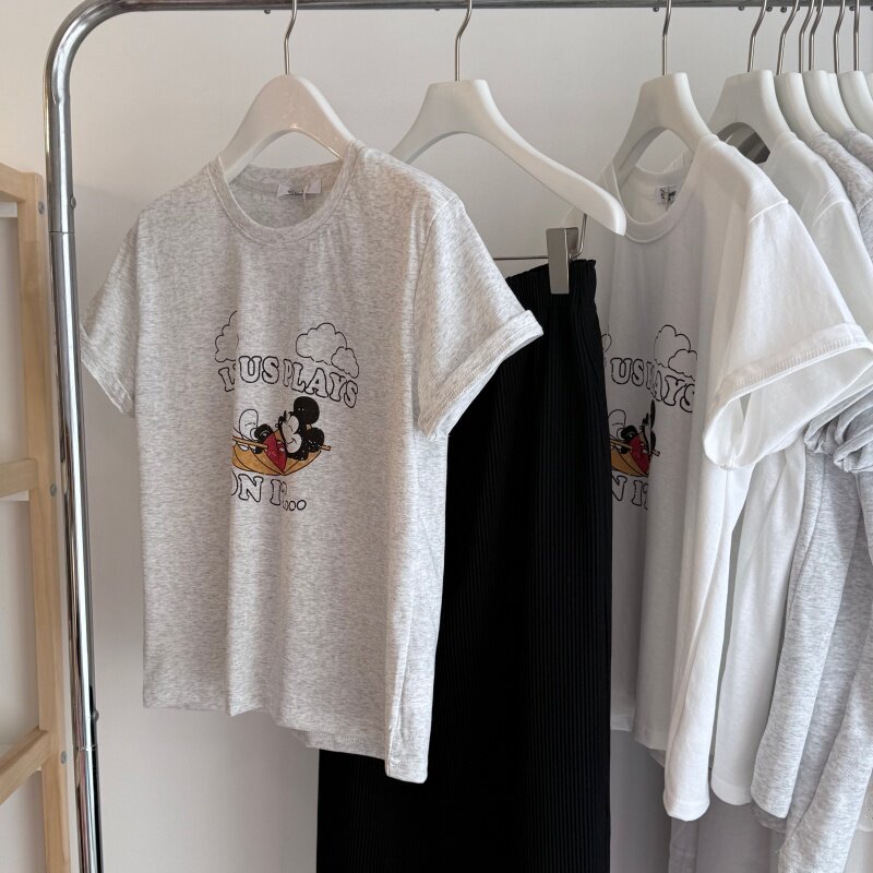 26夏新 韩系正肩圆领短袖卡通印花棉T女 简约雪花棉百搭上衣背心