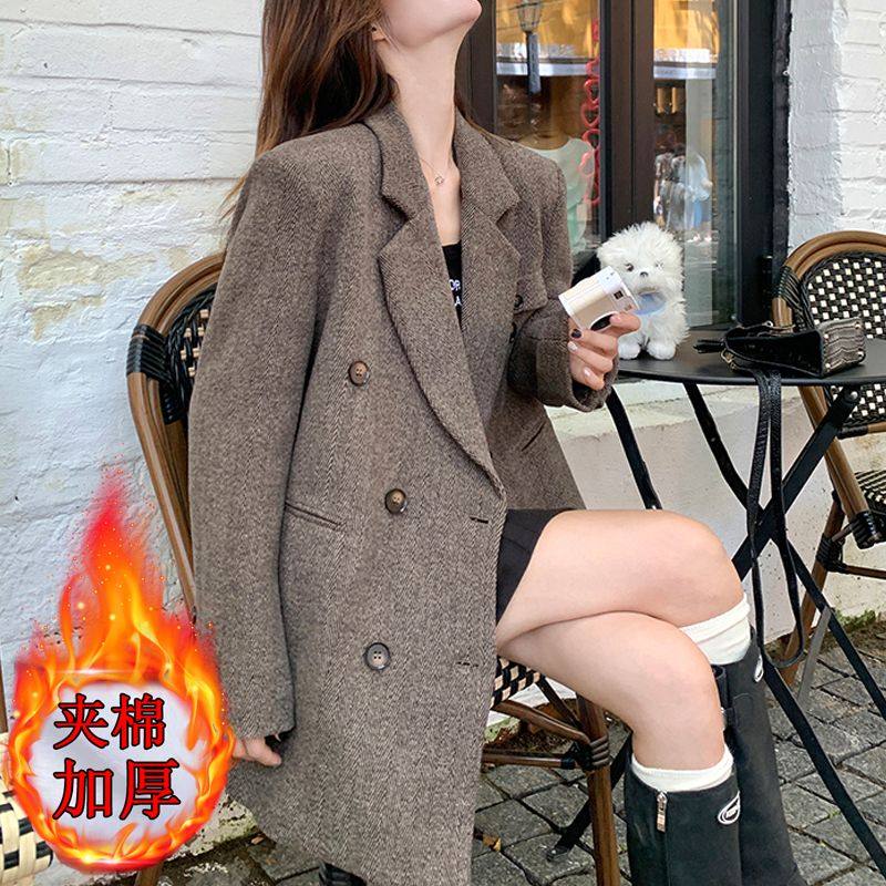 复古咖色毛呢西装外套女秋冬加厚中长款高级感小个子大衣百搭气质