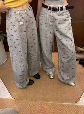 2026春季新款高腰显瘦腊肠狗印花牛仔阔腿裤女宽松休闲弯刀长裤子
