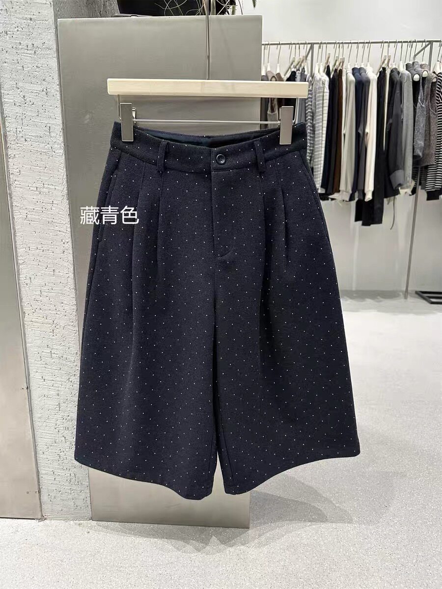 2025 新款波点毛呢中裤女秋装新品显瘦小个子阔腿裤休闲裤