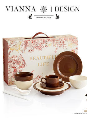 VIANNA丨棕蕾·SLEI复古蕾丝纹陶瓷餐具套装家用多人食碗碟礼盒装