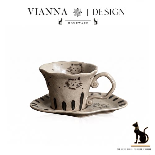 VIANNA日式手作陶瓷蝴蝶猫咪杯