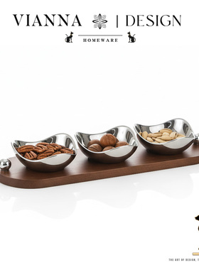 VIANNA丨银花·YISE创意胡桃木分格果盘客厅茶几零食小吃碟坚果盘