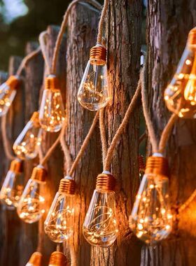 led复古麻绳吊灯彩灯满天星灯串闪灯庭院创意装饰露营餐厅氛围灯