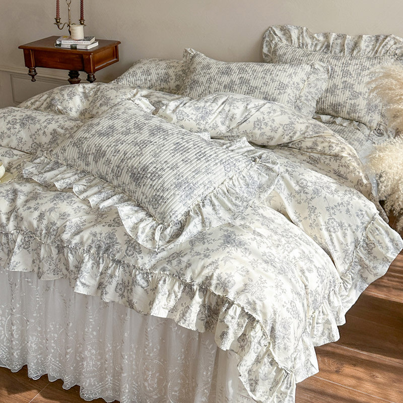 床裙式四件套纯棉高档法式公主斜纹全棉被套双人加厚夹棉床罩床品