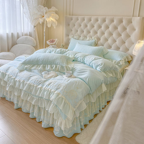 韩式蕾丝夹棉床裙四件套加厚纯色水洗棉床罩4件套四季ins刺绣被套