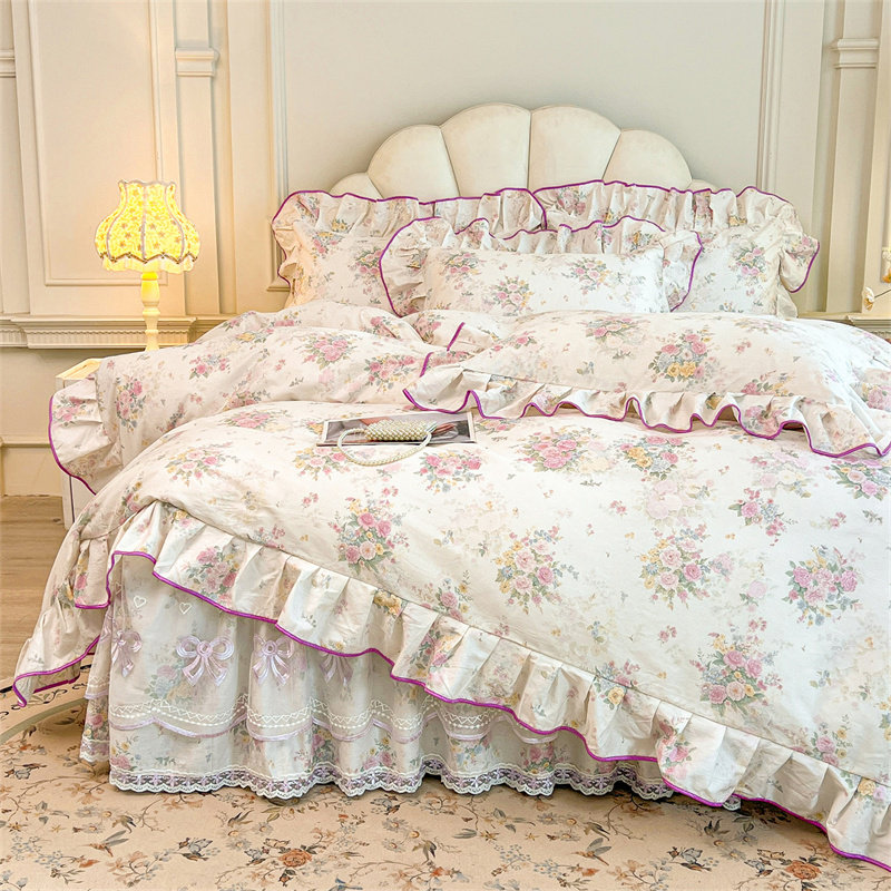100纯棉床裙式四件套透气四季款三件套高档法式花边全棉床罩4件套