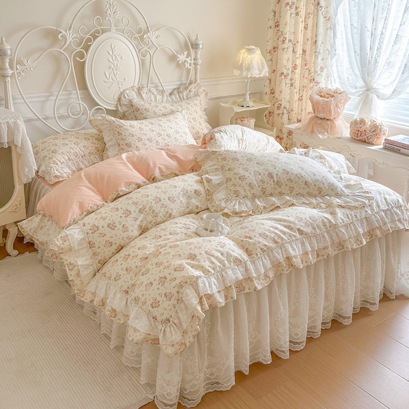 全棉床裙式四件套韩版公主风花边被套蕾丝夹棉加厚床罩四季款床品