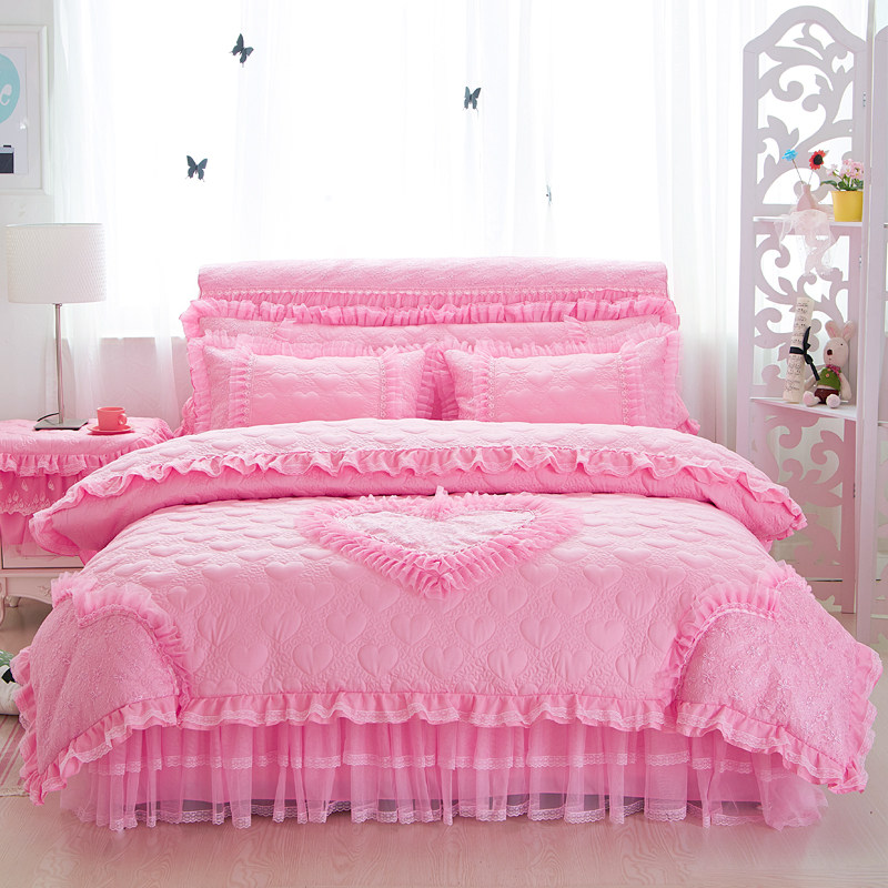 韩版蕾丝公主加厚夹棉床罩式四件套1.8m床头罩床裙多件套婚庆床品
