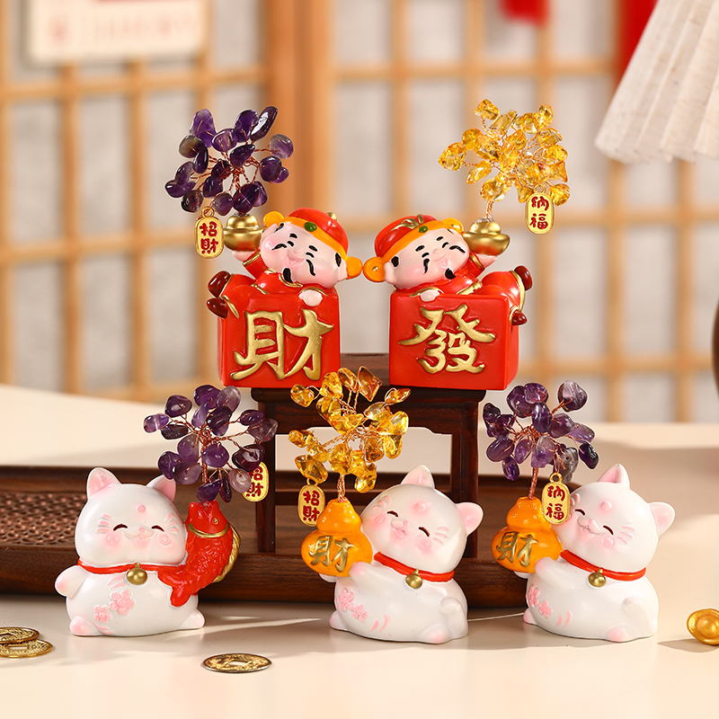 招财猫黄水晶财神桌面小摆件