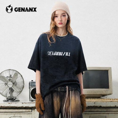 GENANX闪电潮牌渐变水洗短袖2026夏季新款满印暗纹字母情侣T恤