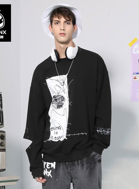 GENANX闪电潮牌黑色长袖打底上衣男圆领个性涂鸦印花国潮套头卫衣
