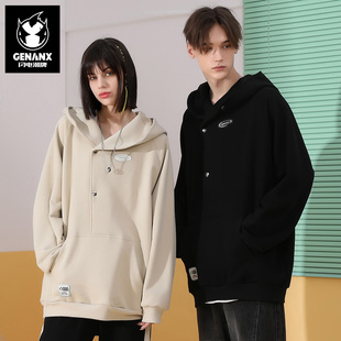 情侣装 新款 2025秋冬季 GENANX闪电潮牌加绒连帽宽松卫衣外套男女款