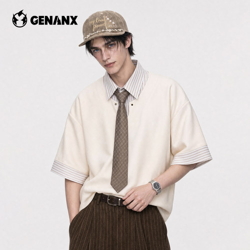 GENANX短袖T恤男日系polo衫2026秋季新款男生拼接假两件短袖男款