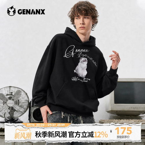 GENANX秋季连帽卫衣美式宽松落肩袖动物图案套头衫袋鼠兜潮牌秋装