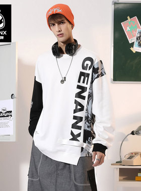 GENANX闪电潮牌白色纯棉卫衣宽松新款春季不规则拼色涂鸦男上衣