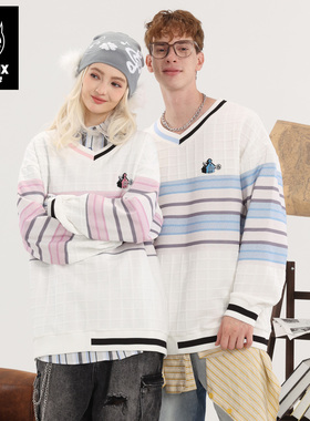 GENANX闪电潮牌2025秋季新款简约上衣条纹撞色校园风学生白色卫衣