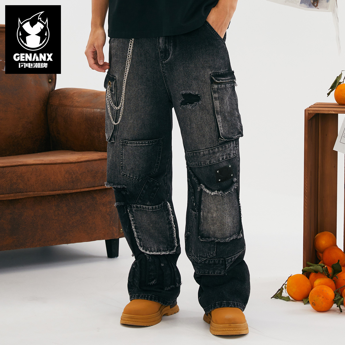 GENANX闪电潮牌2025秋季新品长裤子潮流嘻哈街舞宽松黑色男牛仔裤