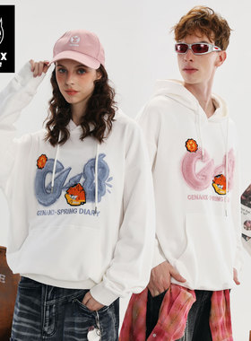 GENANX闪电潮牌2025秋季新款纯棉长袖上衣白色简约情侣连帽卫衣男