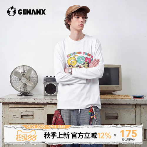 GENANX闪电潮牌2026秋季新款男女同款长袖T恤字母印花情侣潮牌