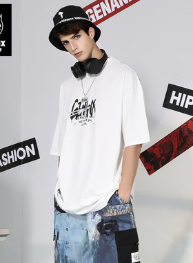 GENANX闪电潮牌短袖t恤银色涂鸦纹背面印花街头嘻哈黑色打底衫男