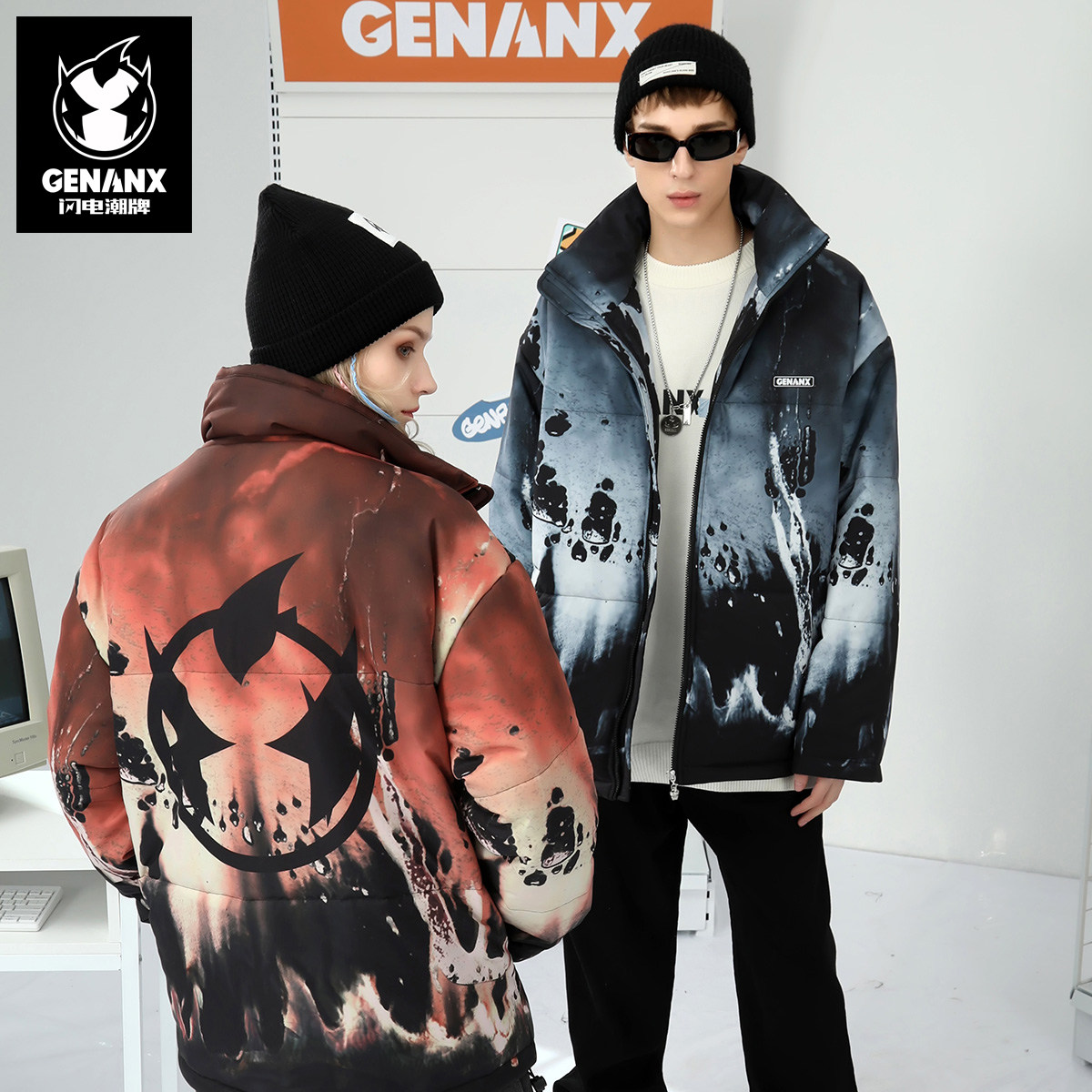 GENANX闪电潮牌情侣棉衣外套彩绘插画印花棉服面包服冬季保暖外套