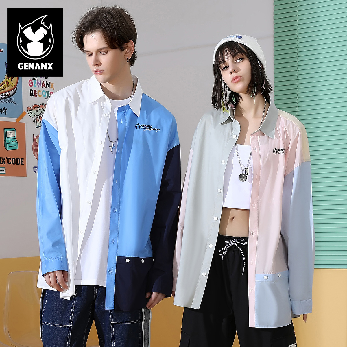 GENANX闪电潮牌撞色拼接纯棉衬衫