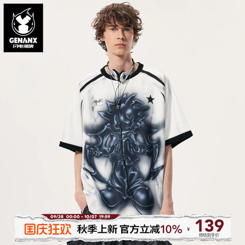 GENANX闪电潮牌恶魔卡通印花T恤2026年夏季新款撞色袖子短袖上衣