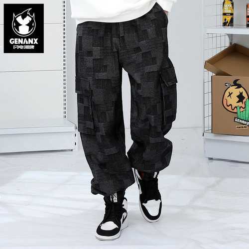 GENANX闪电潮牌不规则压花牛仔裤