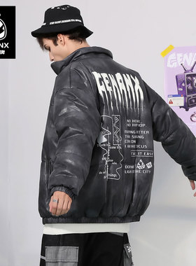 GENANX闪电潮牌仿pu皮棉服外套新款冬季涂鸦字母印花黑灰色棉衣男