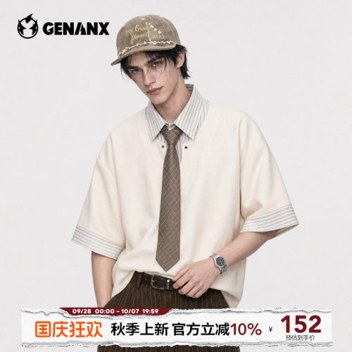 GENANX短袖T恤男日系polo衫2026秋季新款男生拼接假两件短袖男款