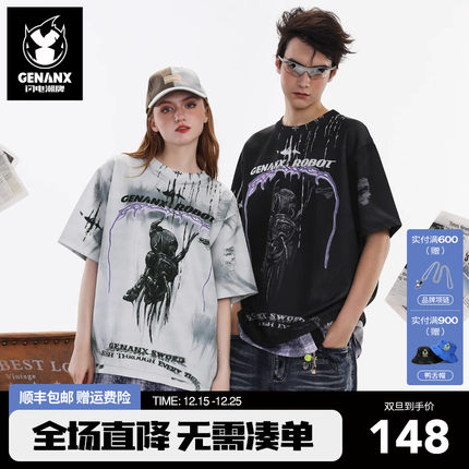 GENANX闪电潮牌2025夏季抽象印花太空棉短袖0713姚政同款摇滚T恤