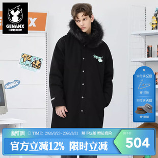 黑色棉衣 麻将印花抽绳连帽纯棉中长款 GENANX闪电潮牌22FW冬季 新款
