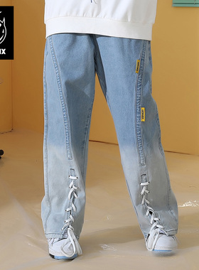 GENANX闪电潮牌曾耀晖同款浅蓝水洗直筒牛仔裤新款长裤阔腿宽松裤