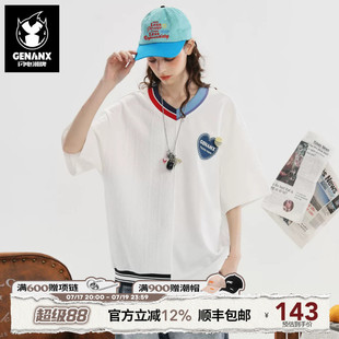 GENANX闪电潮牌陈浚铭同款短袖上衣鸡心领治愈慵懒风宽松白色T恤