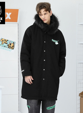 GENANX闪电潮牌22FW冬季新款麻将印花抽绳连帽纯棉中长款黑色棉衣